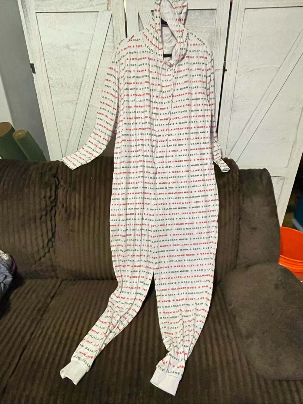 Hallmark White Hooded One-Piece Pajamas with Red & Green Print